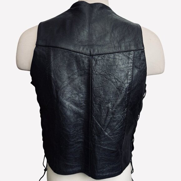 UNIK Men's Black Leather Motorcycle Vest Sz 42 Snaps Lace-Up Sides Pockets Biker - Picture 13 of 16